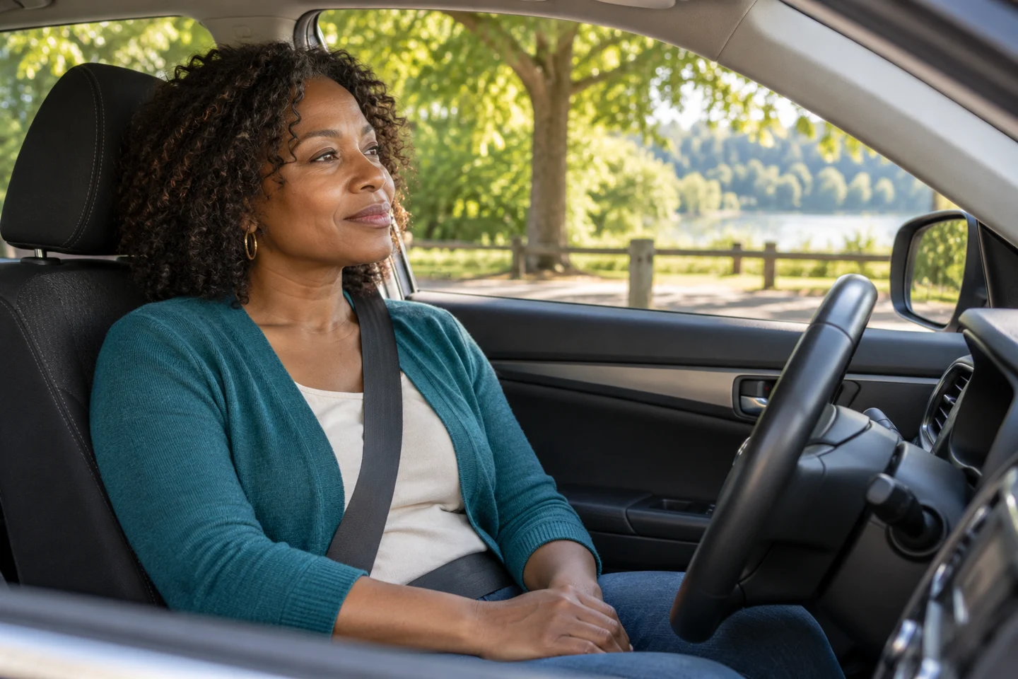 A woman taking a quiet moment in a parked car.