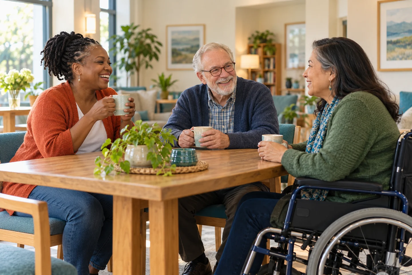 Three adults enjoying a conversation over tea in a sunlit lounge.