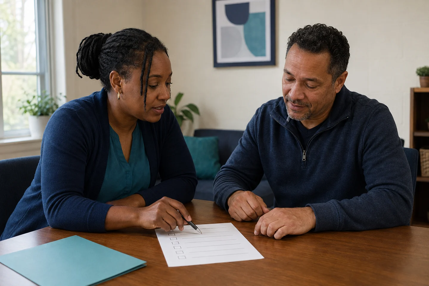 Two adults reviewing information together.