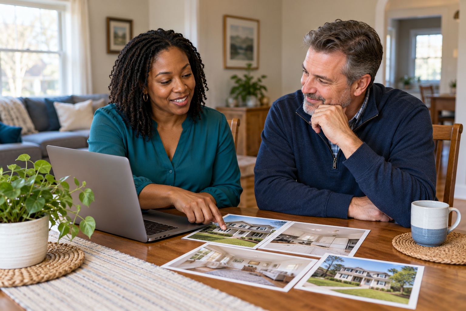 A marketing professional and housing provider reviewing property photographs beside a laptop.