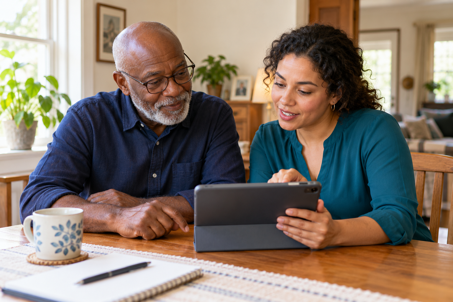 Two adults reviewing digital information together on a tablet.