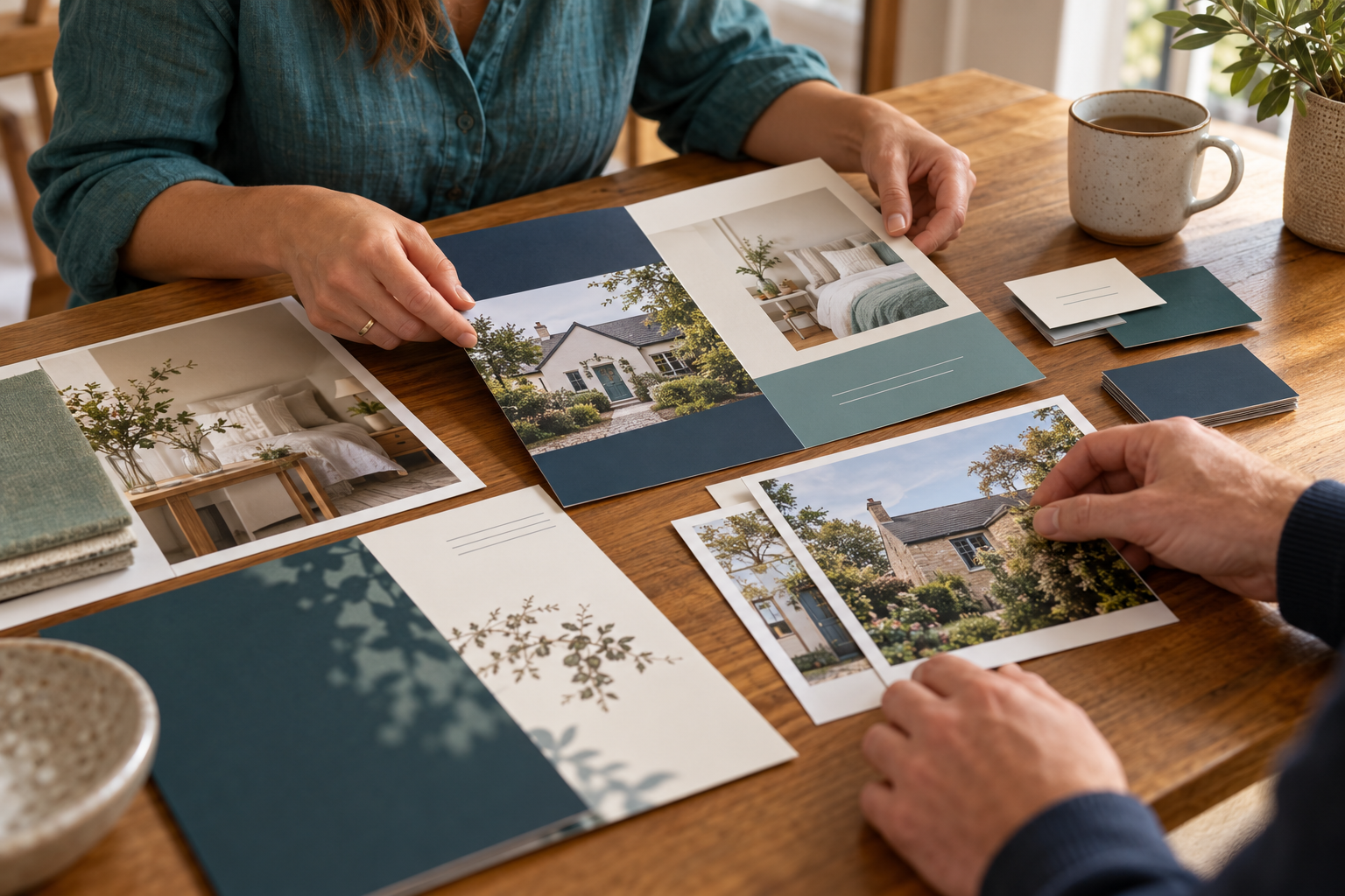 Hands arranging housing brochures, property photographs, and business cards.