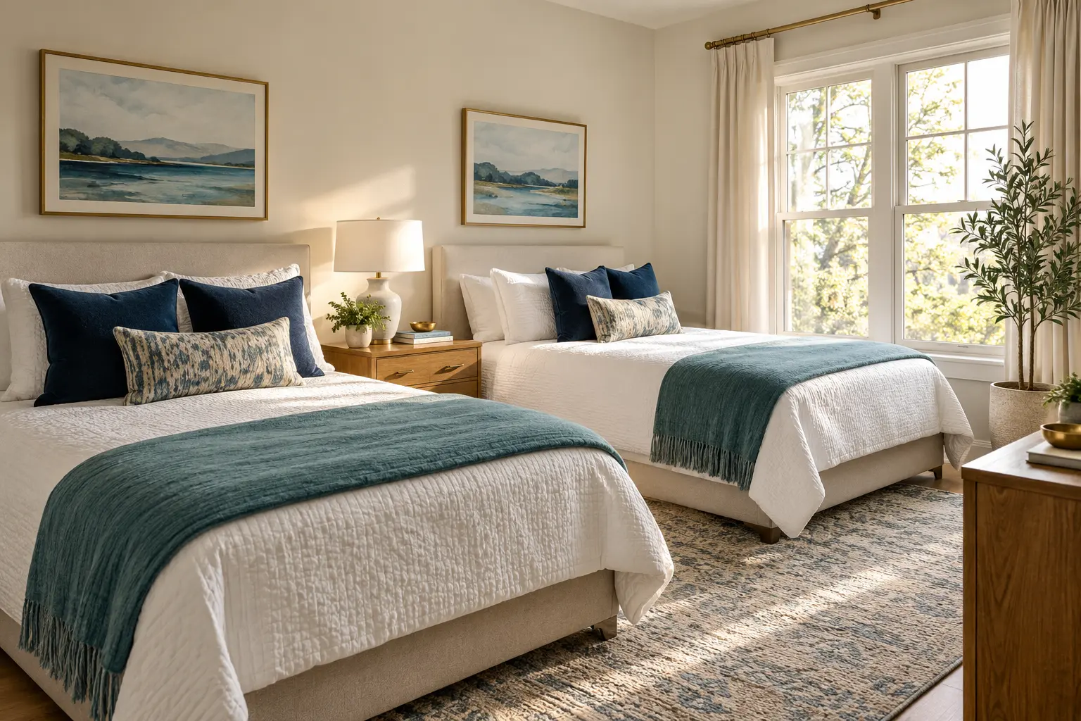 Illustrative shared bedroom with two beds and teal and navy accents
