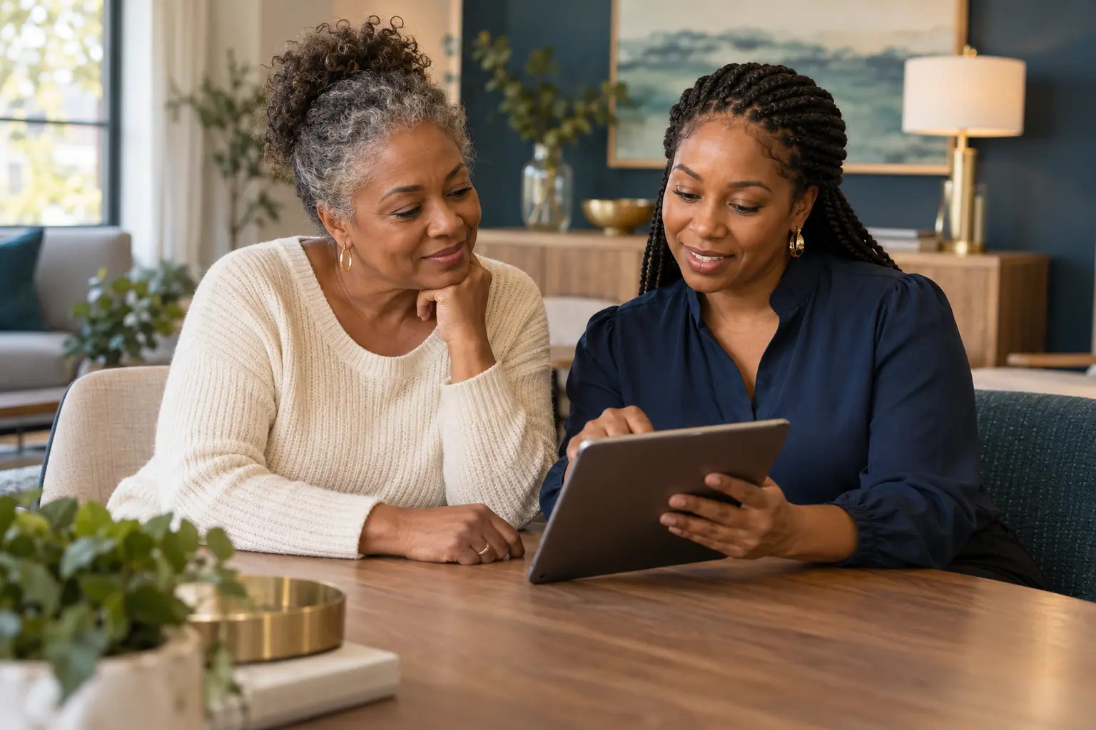 Illustrative housing consultation with a coordinator and applicant reviewing a tablet
