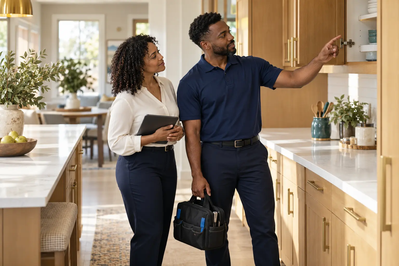 Illustrative housing manager and maintenance professional reviewing a kitchen cabinet