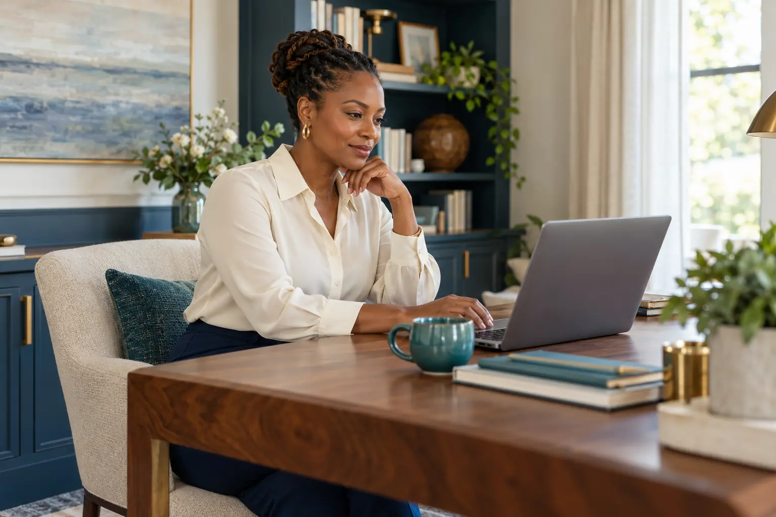 Illustrative business owner reviewing her housing website on a laptop