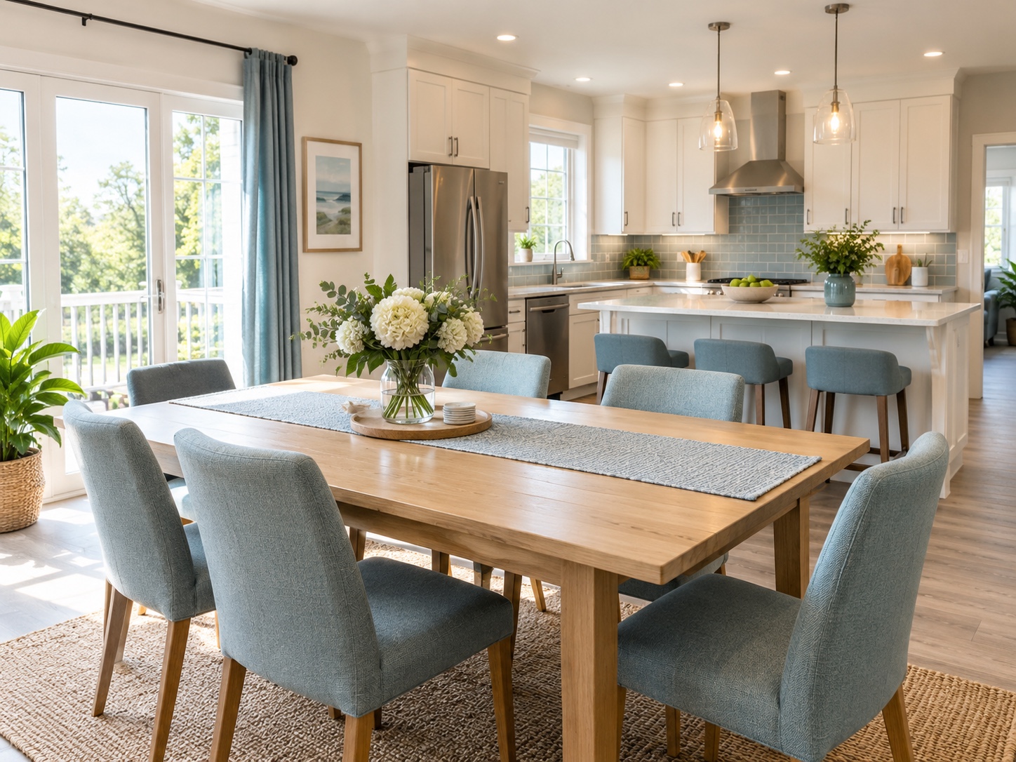 Representative shared kitchen and dining room with light-blue accents