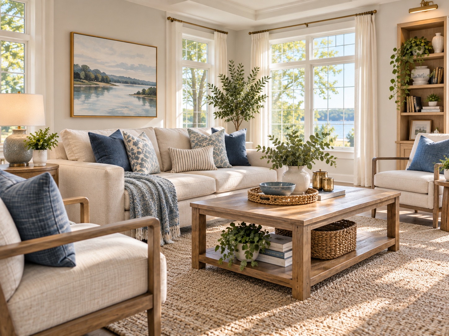 Bright furnished shared living room in Calm Waters colors