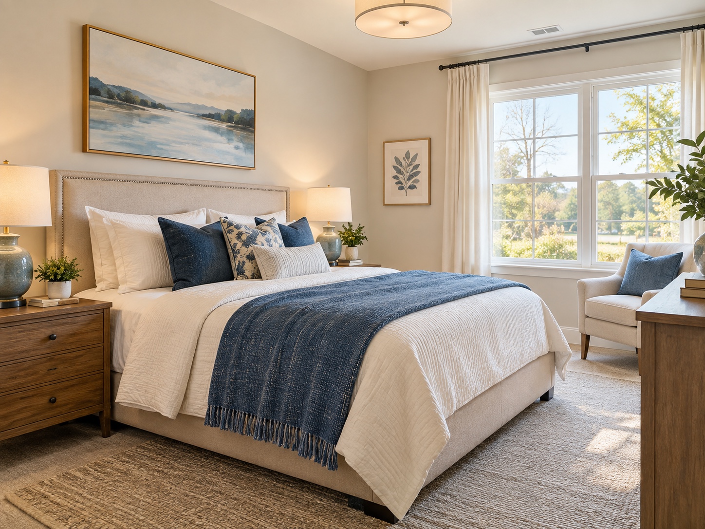 Representative furnished bedroom in calm navy and ivory colors