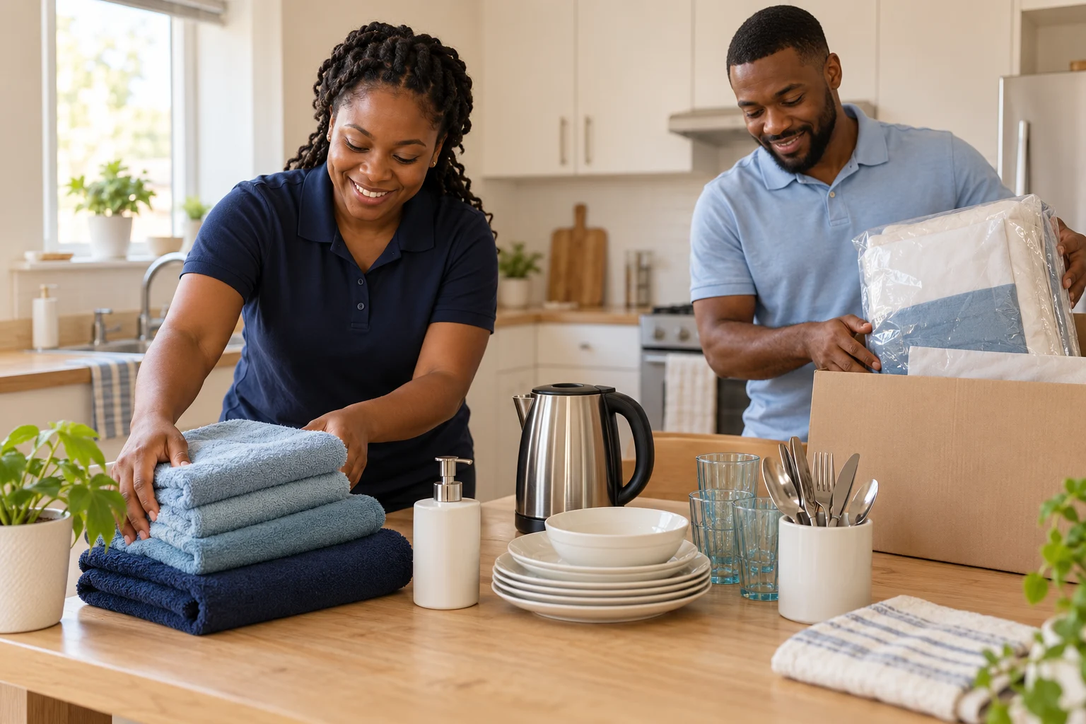 AI-generated illustration of two adults preparing household essentials for a move