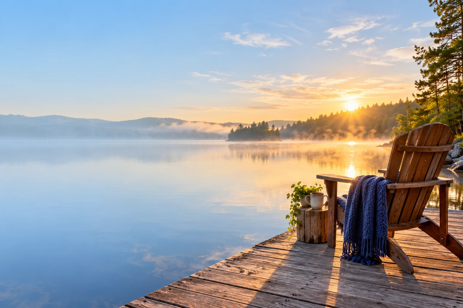 A peaceful lakeside setting in warm morning light